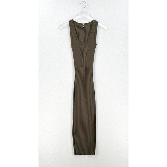 ALEXANDER MCQUEEN Genesis Ribbed Cotton Blend Midi Dress Womens Olive Green Knit - Picture 4 of 15